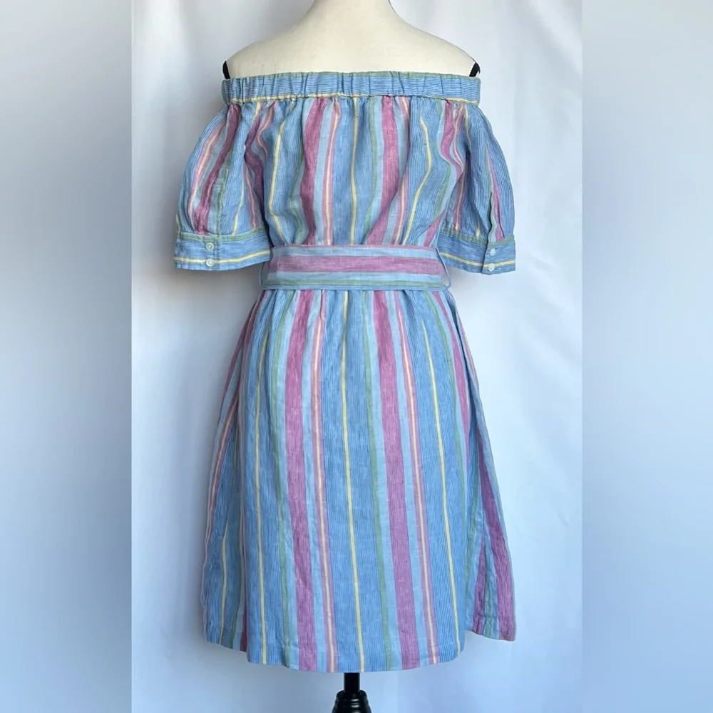 FRAME Women’s Off-Shoulder Striped Belted Linen Pastel Dress Size XS‎